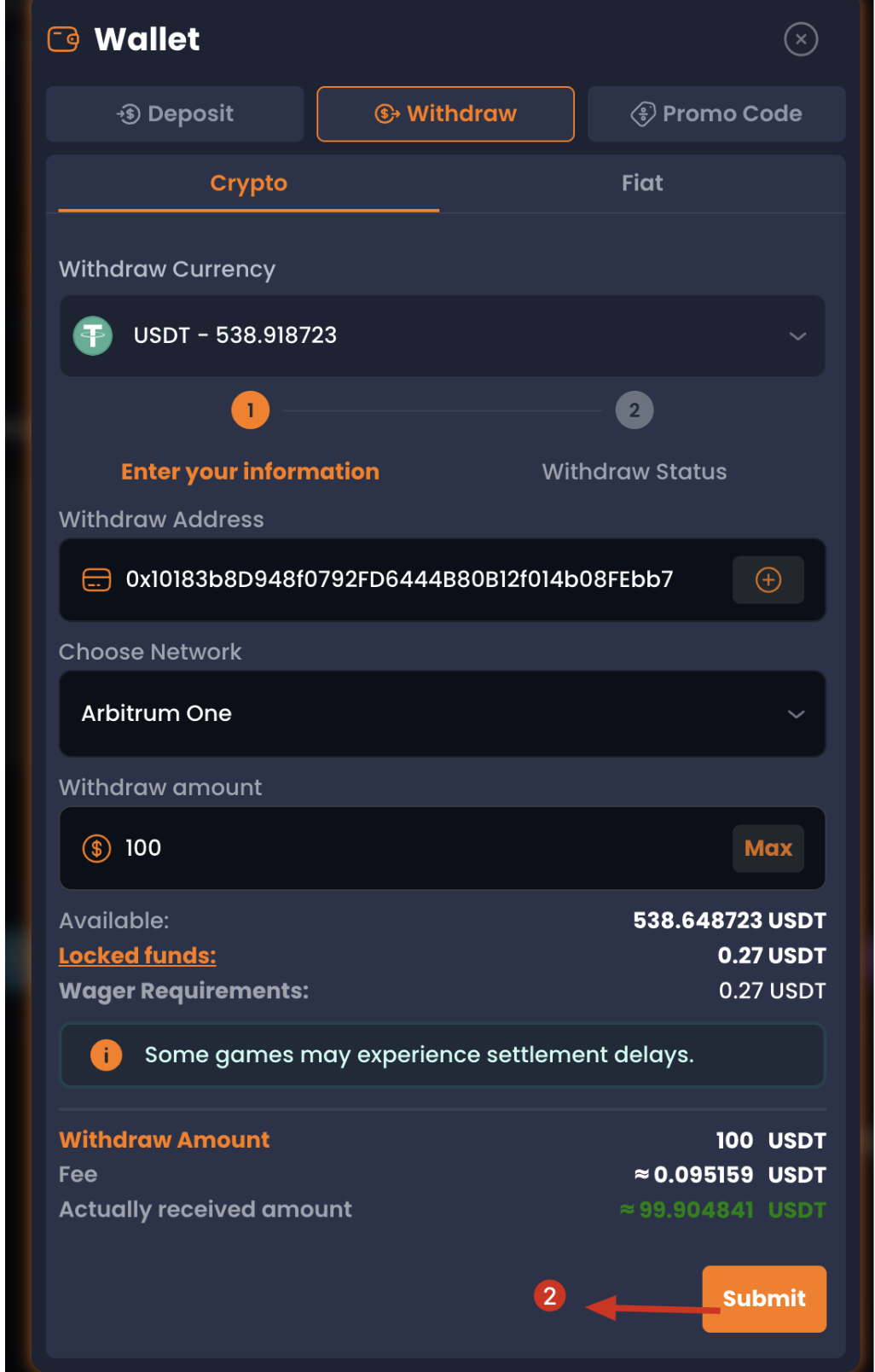 XYES withdrawal form showing address input, Arbitrum One network selection, 100 USDT amount, and live fee calculation — Step 2