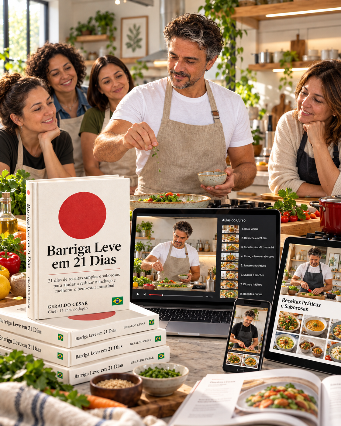Geraldo ensinando um grupo de mulheres em uma cozinha, com o curso Barriga Leve em 21 Dias exibido em notebook e celular