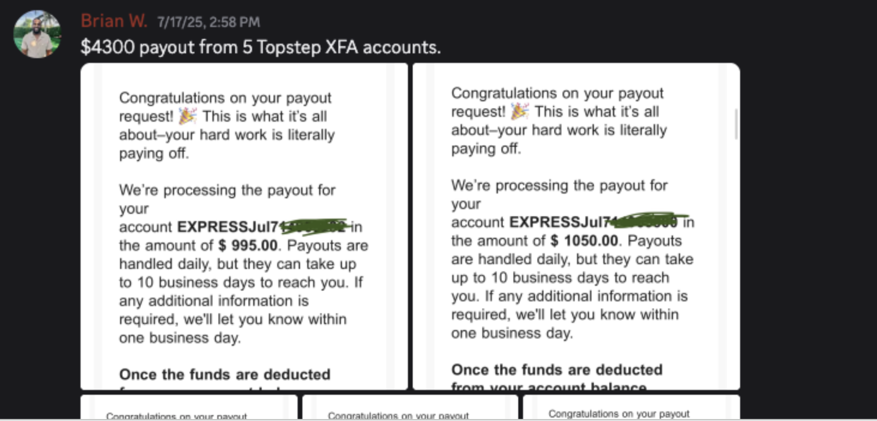 Brian W. — $4,300 payout from Topstep accounts
