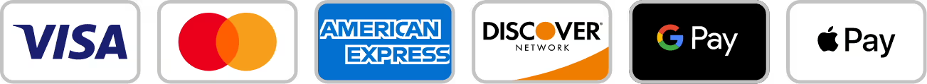 Accepted payment methods: Visa, Mastercard, American Express, Discover, Google Pay, Apple Pay