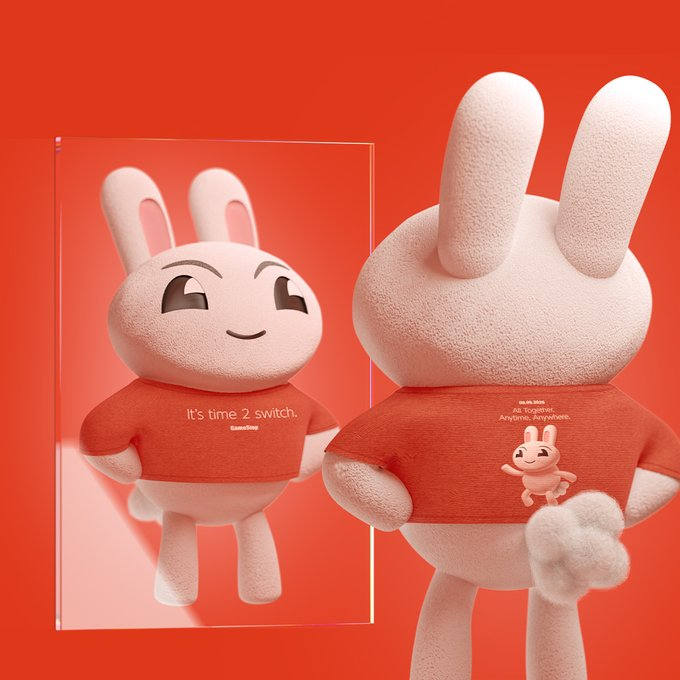 Two plush Buck the Bunny figures against a bright red background