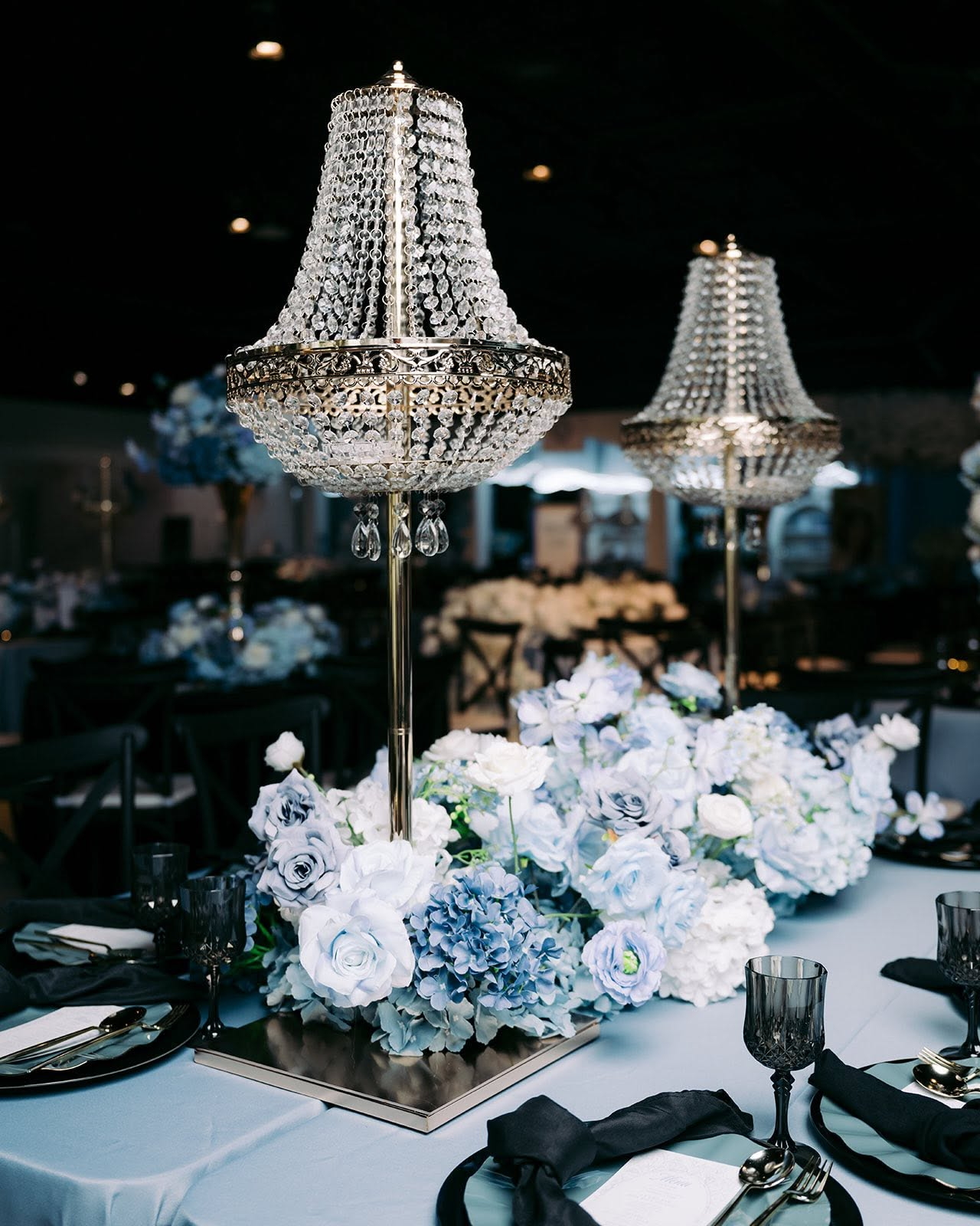 Chandelier centerpieces at Legacy Events in Pasco, Washington
