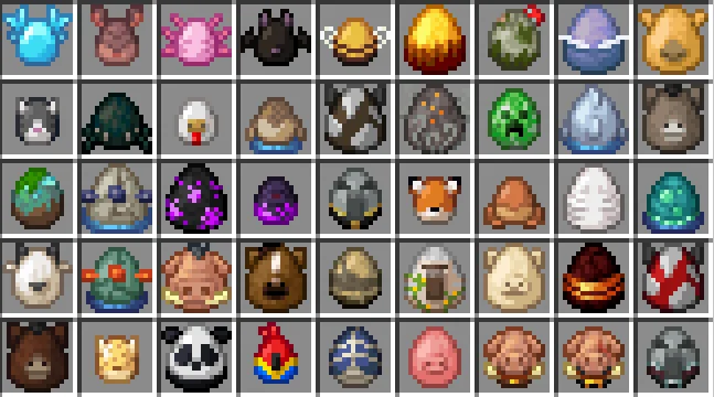 Grid of new Minecraft spawn egg designs showing various mob eggs with unique patterns and colors