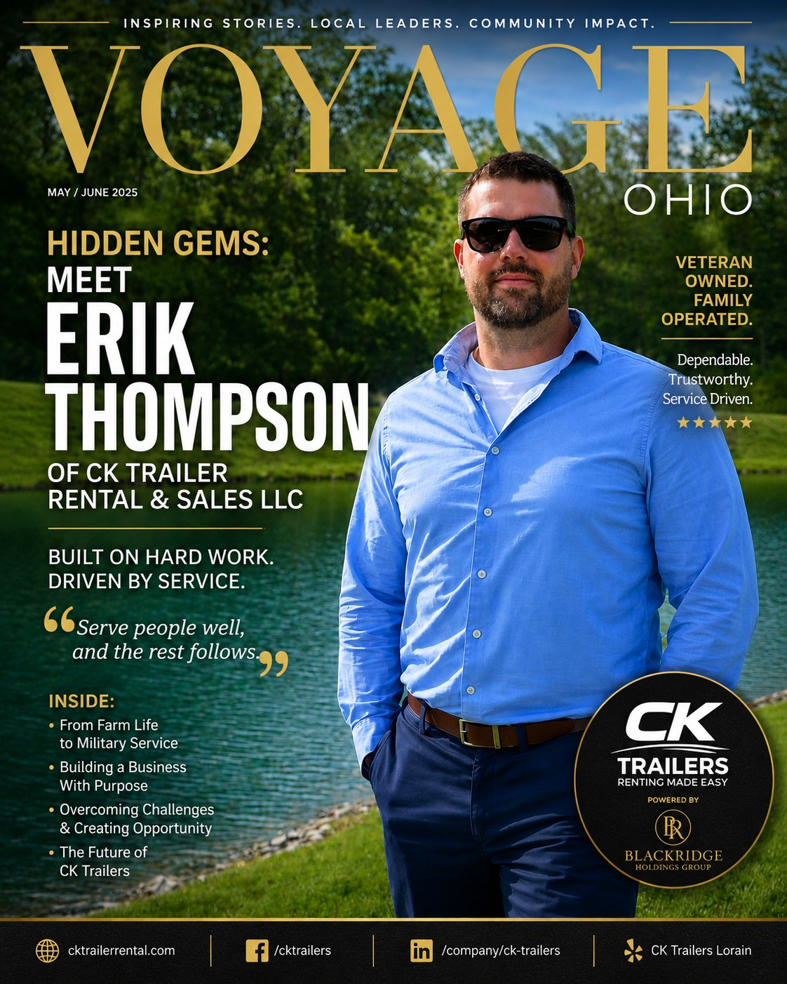 Voyage Ohio Magazine May/June 2025 cover featuring Erik Thompson, founder of CK Trailer Rental & Sales LLC — Hidden Gems: Built on Hard Work, Driven by Service