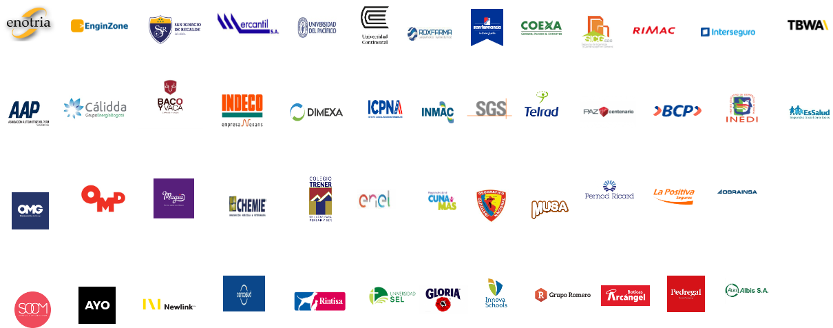 Logos de clientes de CoachingCIA incluyendo Enotria, EnginZone, RIMAC, BCP, Gloria, SGS, Pernod Ricard, Universidad del Pacífico, y muchas empresas más