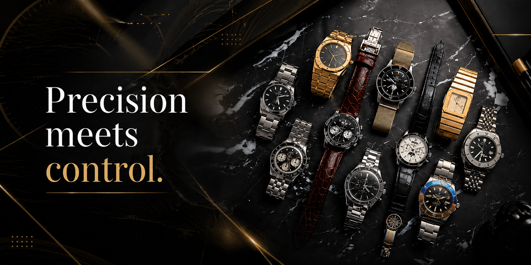Premium watch collection on dark marble - Precision meets control.