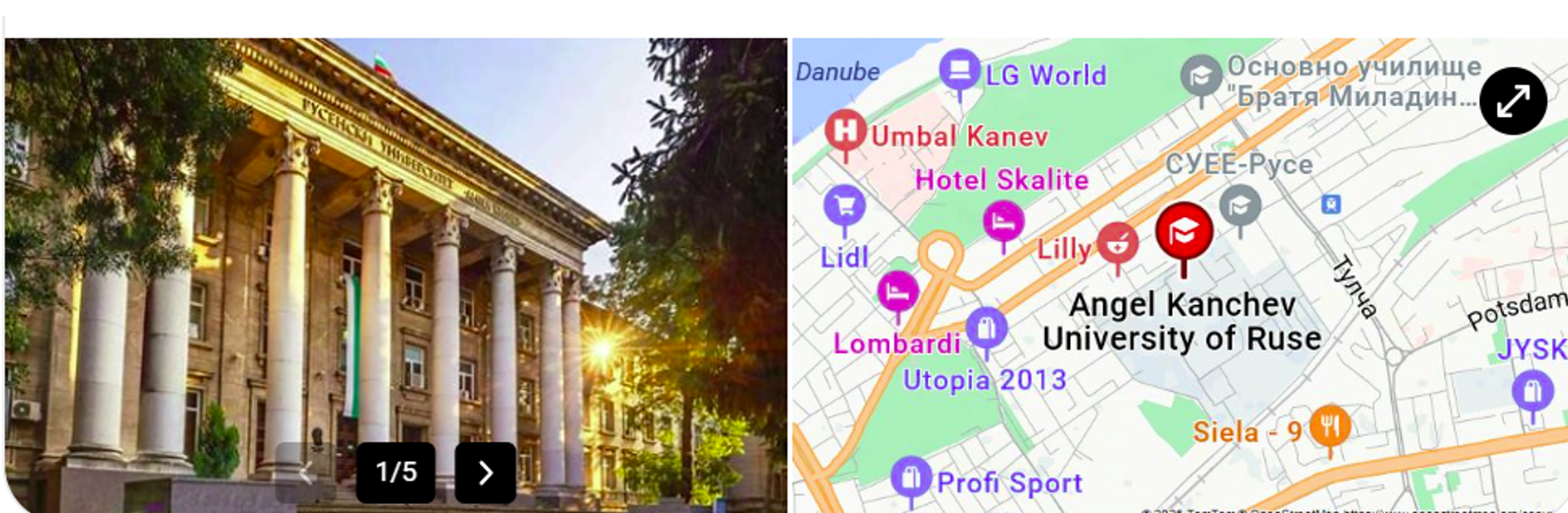 Angel Kanchev University of Ruse building and map location