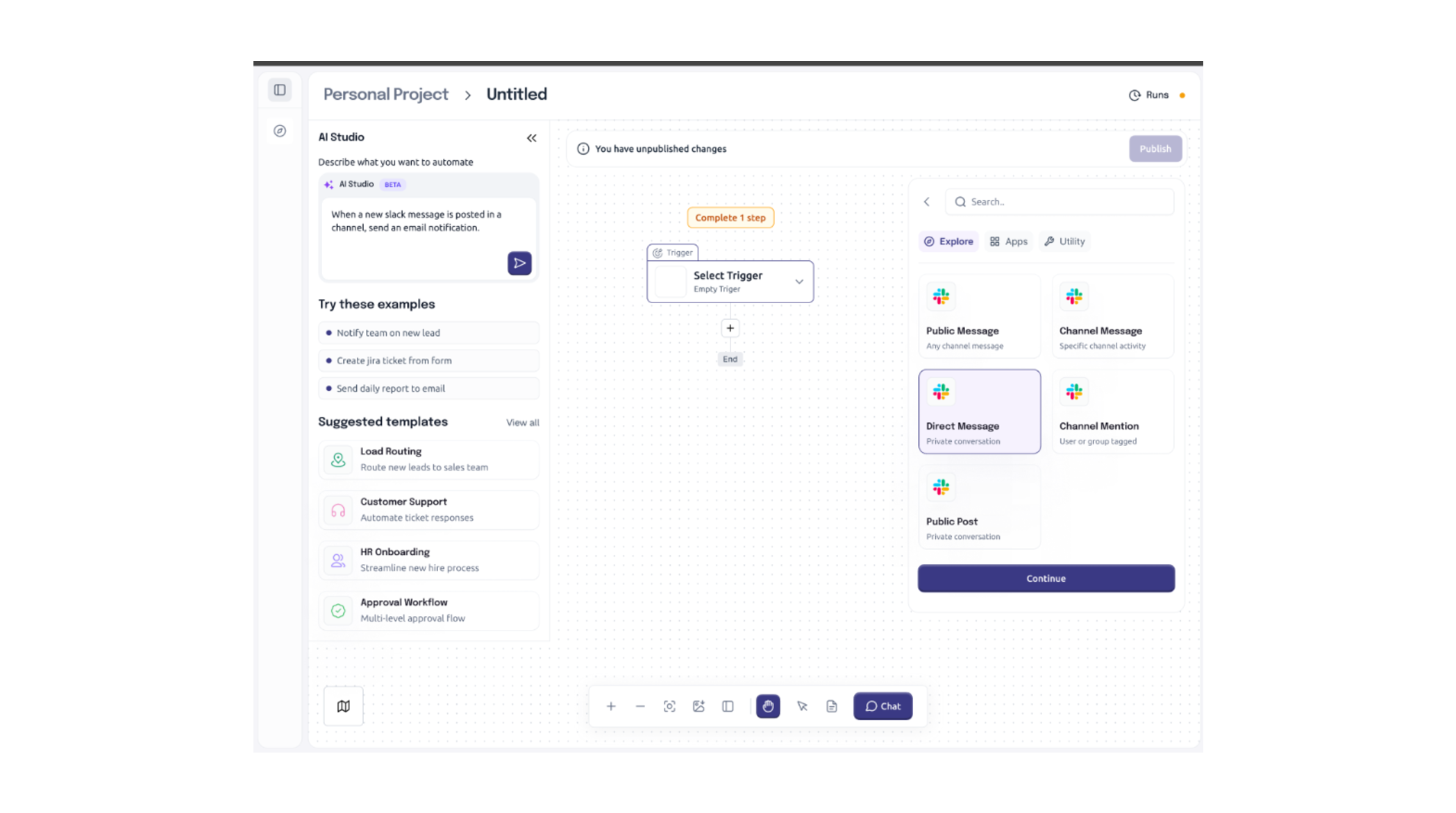 AiSurge AI Studio — describe automation in natural language, get suggested templates for HR Onboarding, Customer Support, Sales CRM, and more