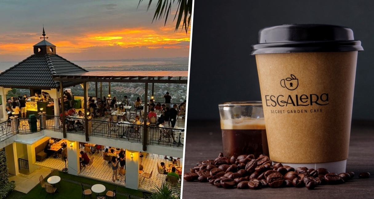 Escalera Secret Garden Cafe with sunset view and branded coffee