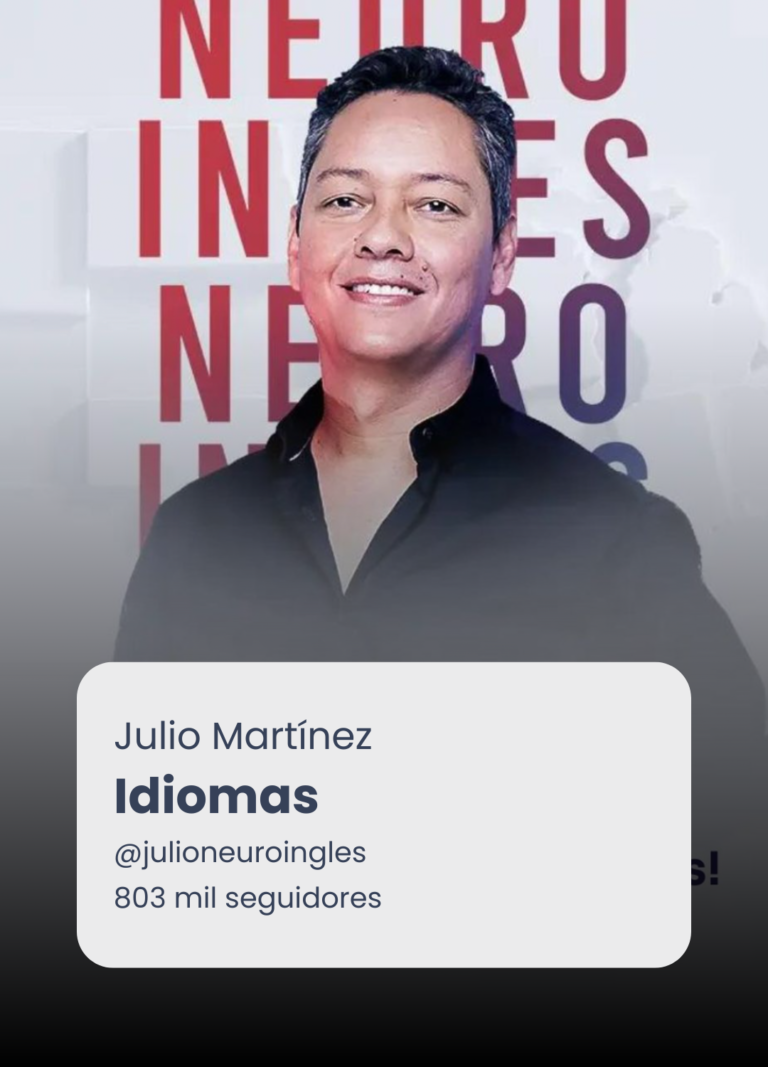 Presentación de Julio Martínez sobre idiomas, con retrato delante de letras rojas.