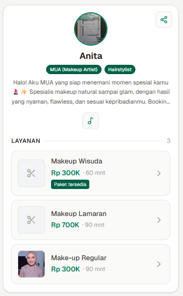 Halaman booking publik BeautyFlow milik Anita yang menampilkan profil dan daftar layanan