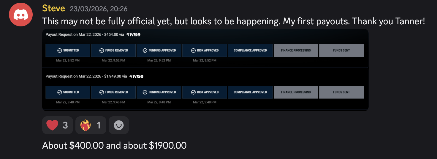 Steve — first payouts, $454 and $1,949 Wise payout pipelines