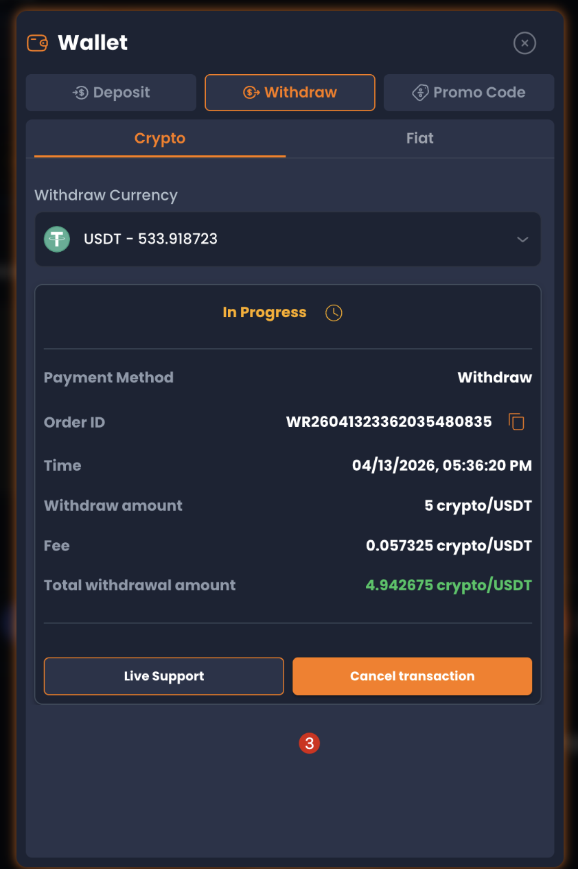XYES withdrawal In Progress screen showing Order ID WR2604132362035480835, timestamp 04/13/2026 05:36:20 PM, 5 USDT withdrawal — Step 3