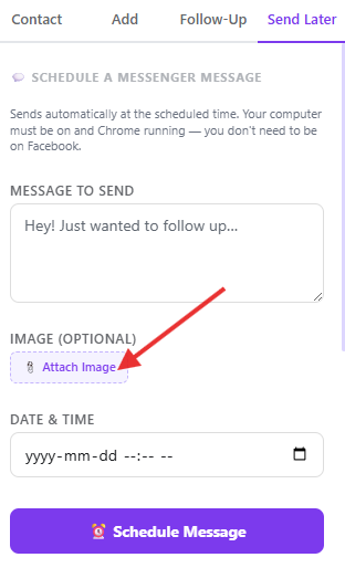 Send Later tab showing message composer with image attachment option