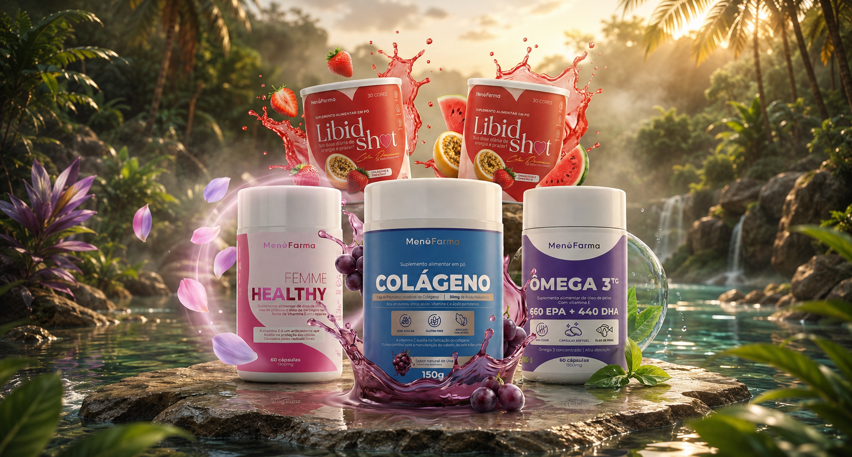 Produtos MenoFarma - Shot da Libido, Femme Healthy, Colágeno e Ômega 3