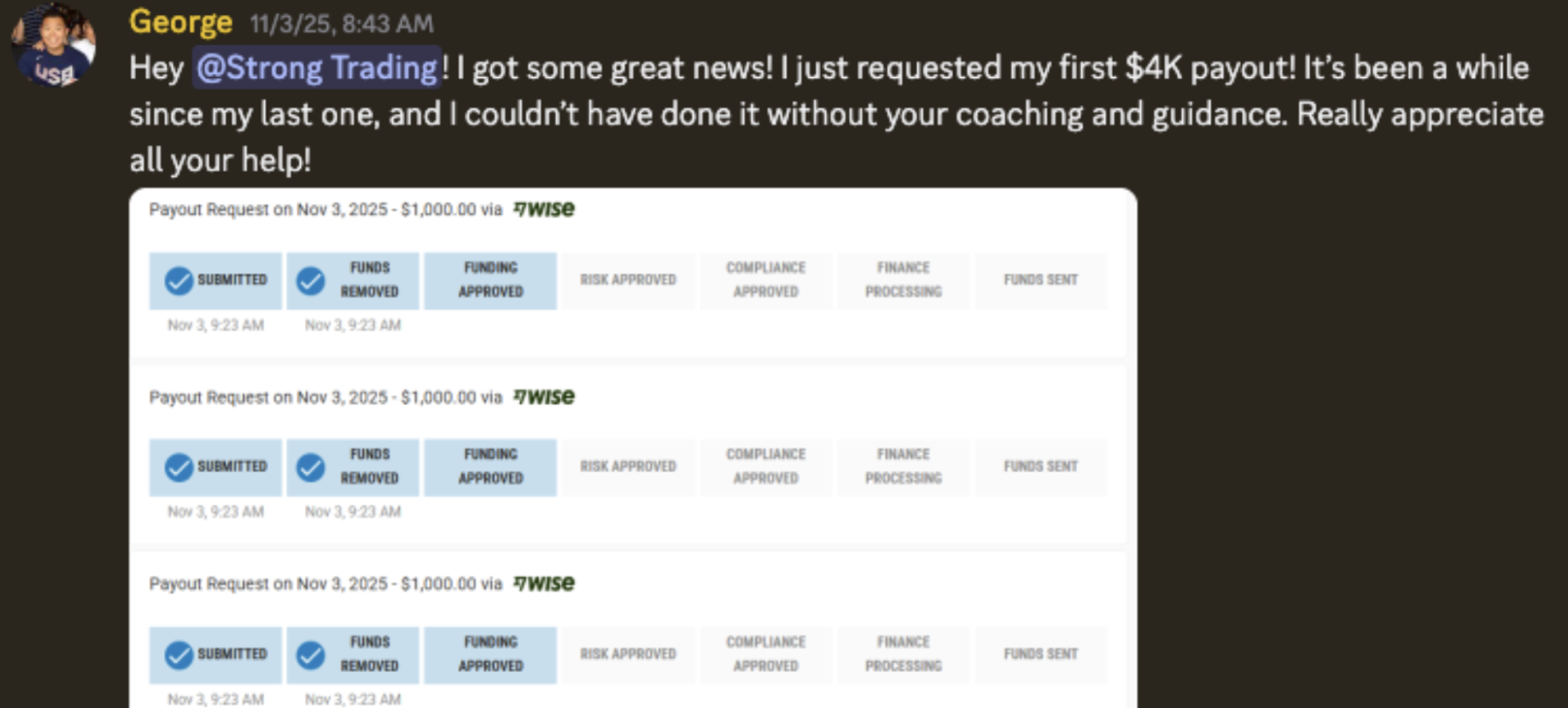 George — $4K payout request via Wise