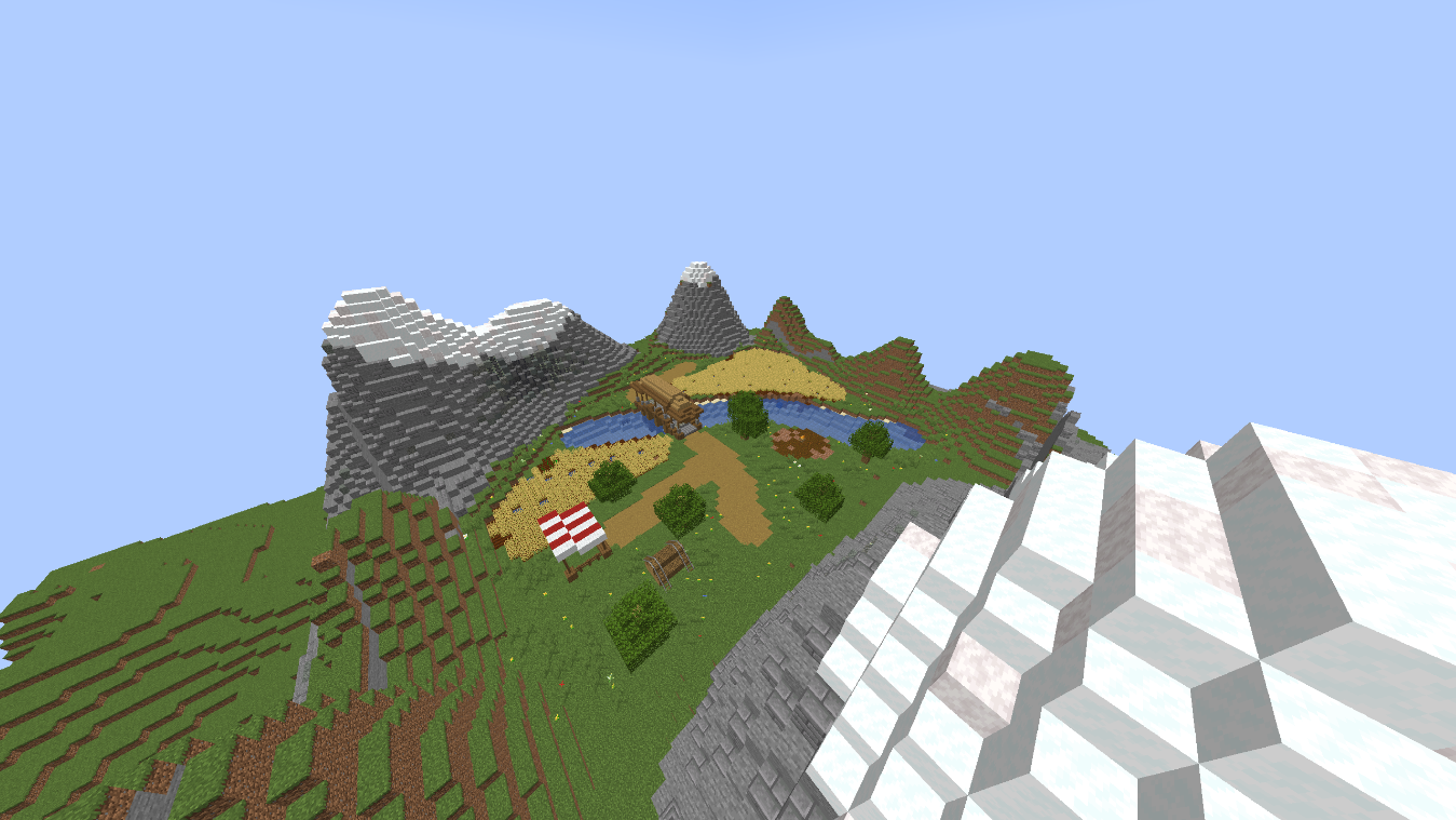 A mountain village with farms, a lake, and snowy peaks overlooking a valley on Fracture