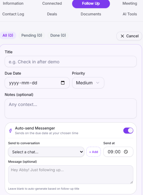 Follow-up form with auto-send Messenger toggle enabled