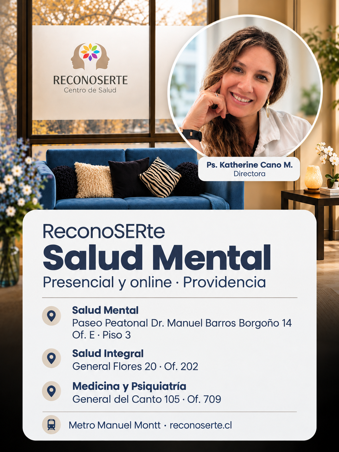 Presentación de ReconosERte con retrato de Katherine Cano e información de sus servicios.