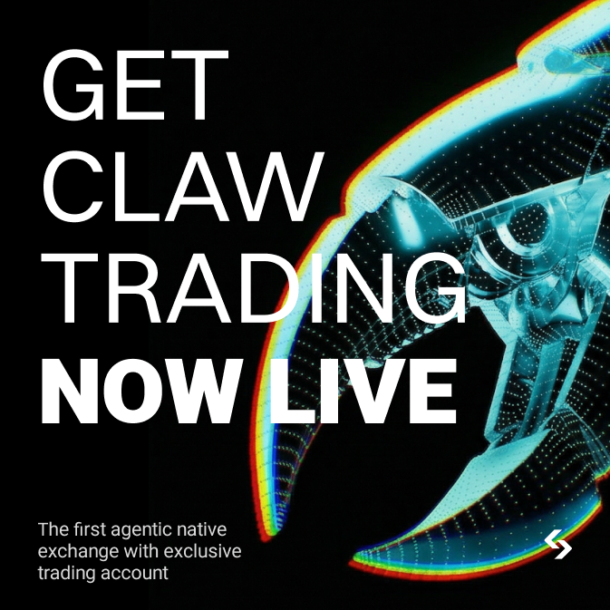 GET CLAW TRADING NOW LIVE — 3D wireframe crab robot in teal with chromatic aberration, the first agentic native exchange