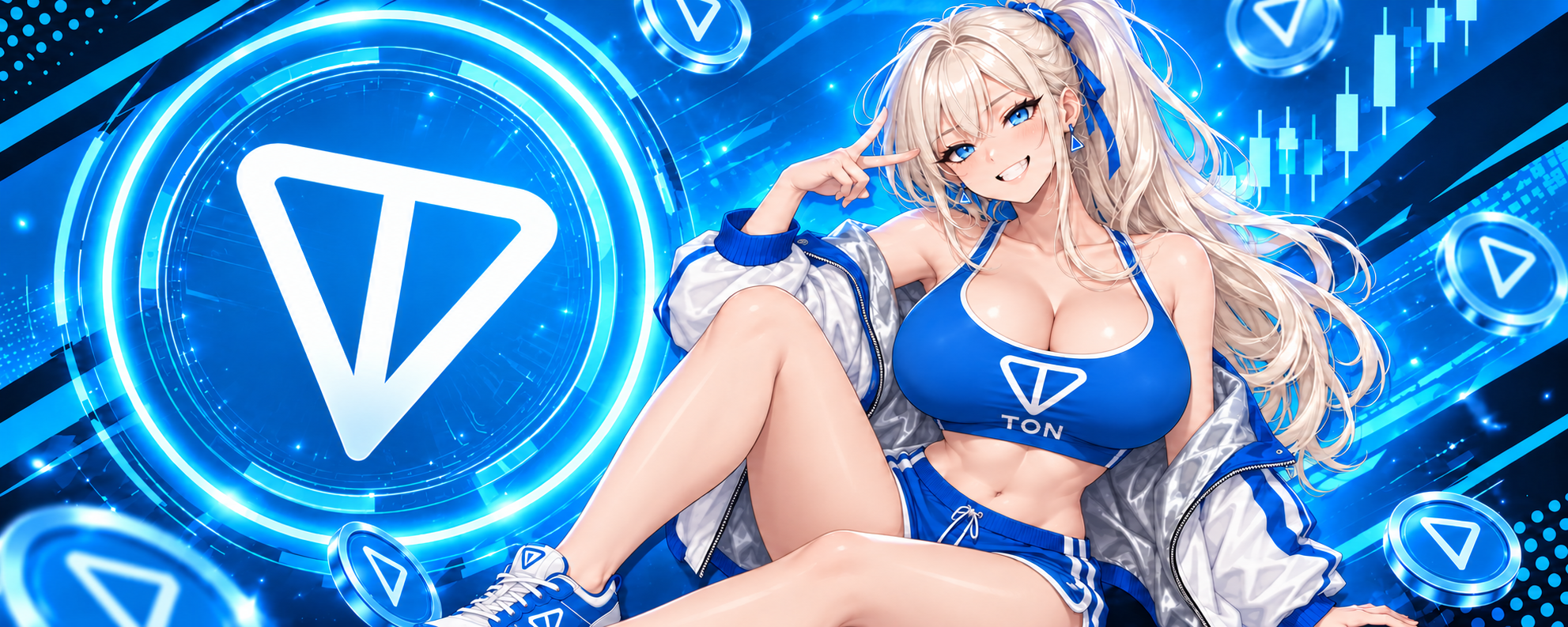 Tits or Nothing mascot alongside luminous blue TON coins and an electric blue trading backdrop
