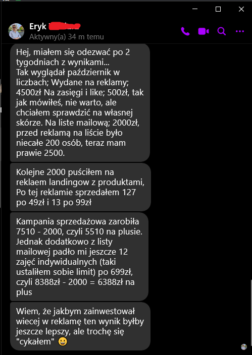 Wiadomość od Eryka podsumowująca wyniki kampanii reklamowej i sprzedażowej