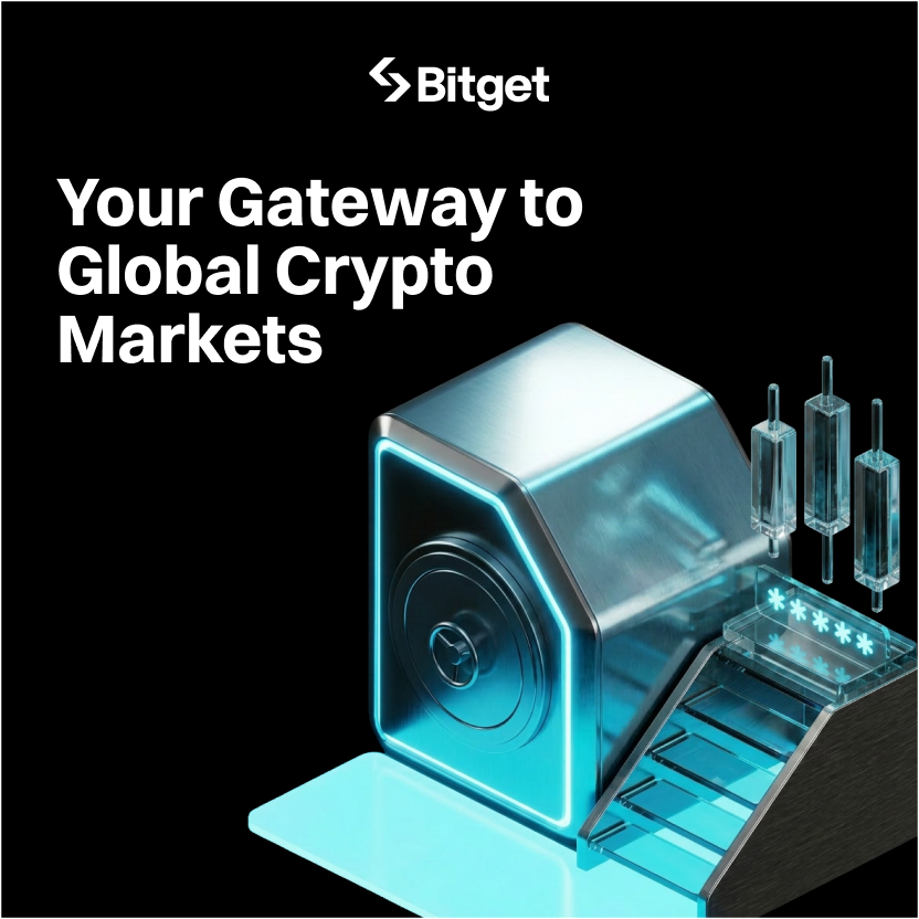 Your Gateway to Global Crypto Markets — Bitget social post with left-aligned headline and isometric metal glass trading terminal with neon cyan on black background