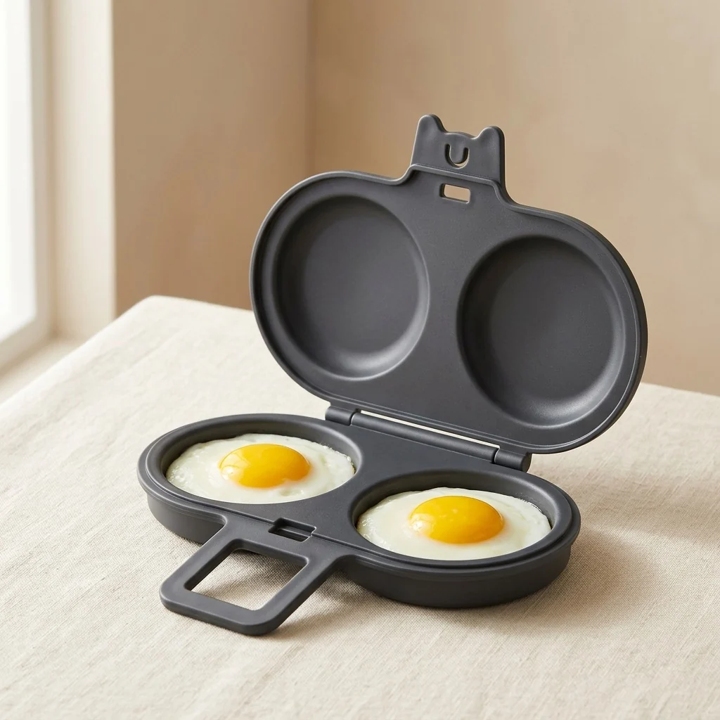 Microwave Egg Cooker Pro in black with two cooked eggs