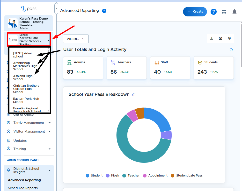The Securly Pass left menu with the school selector highlighted under the user's name. The open dropdown lists other schools the user can switch to.
