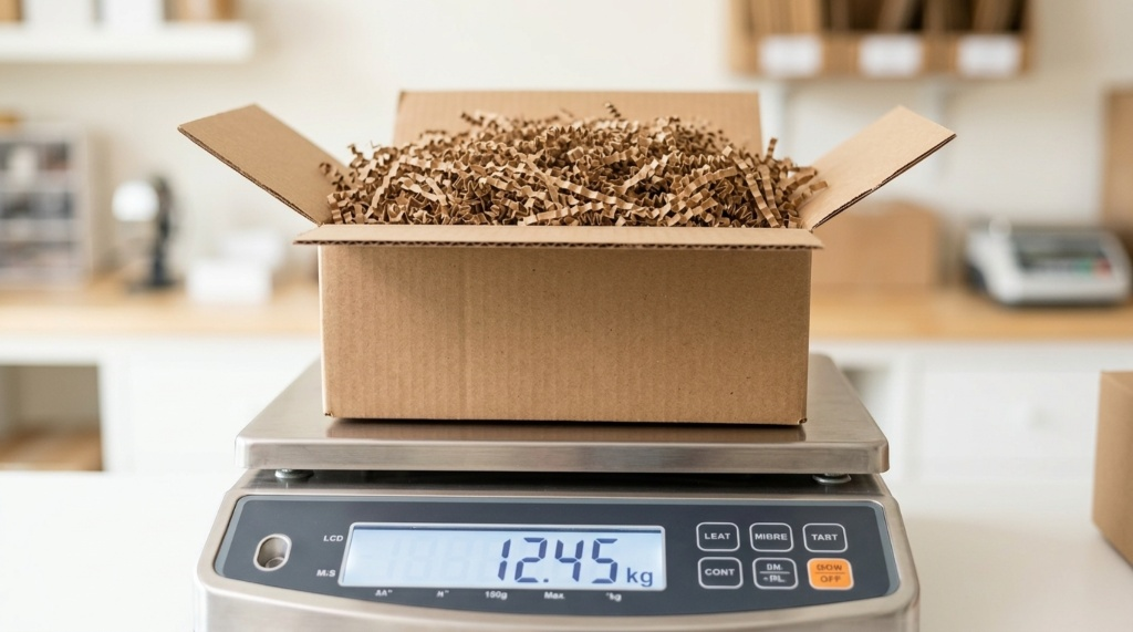 Carton rempli de frisure posé sur une balance numérique affichant 12,45 kg