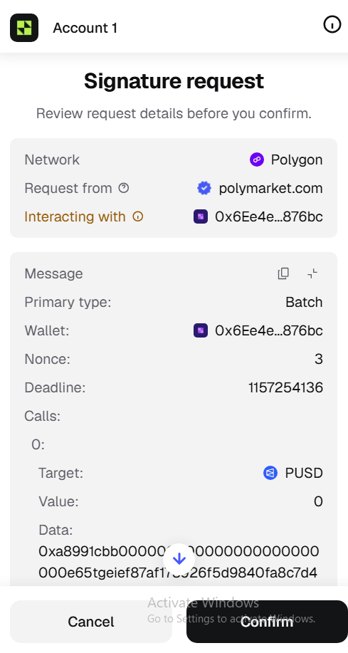 Example wallet signature request on Polygon from polymarket.com, with a contract address shown under Interacting with.