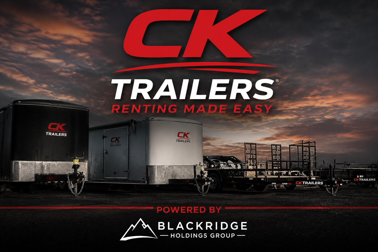 CK Trailers fleet of enclosed and equipment trailers at sunset — Renting Made Easy, Powered by Blackridge Holdings Group