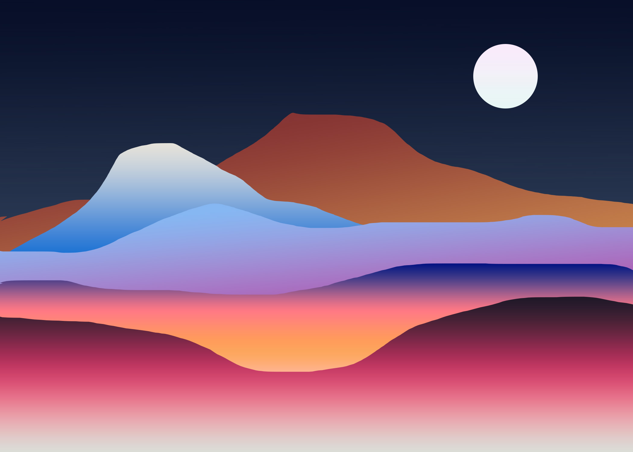 Minimalist gradient landscape with layered mountains in soft blues, purples, and coral tones with a moon