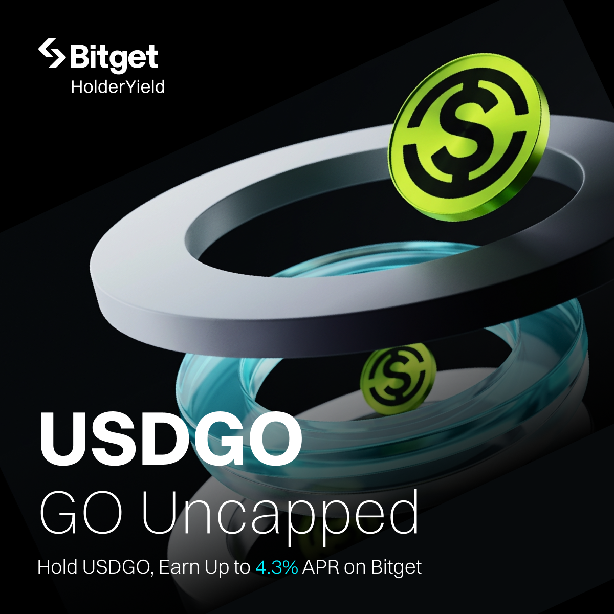 USDGO GO Uncapped — Bitget HolderYield, interlocking grey and teal torus rings with two green USDGO coins