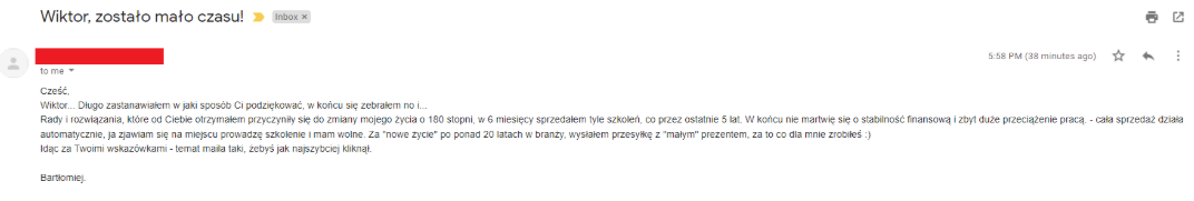 E-mail z podziękowaniem od klienta o zmianie życia po współpracy