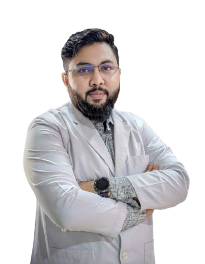 Doctor Toufiq Uz Zaman in a white coat