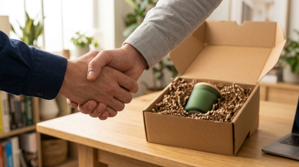 Poignée de main au-dessus d’un carton rempli de frisure kraft