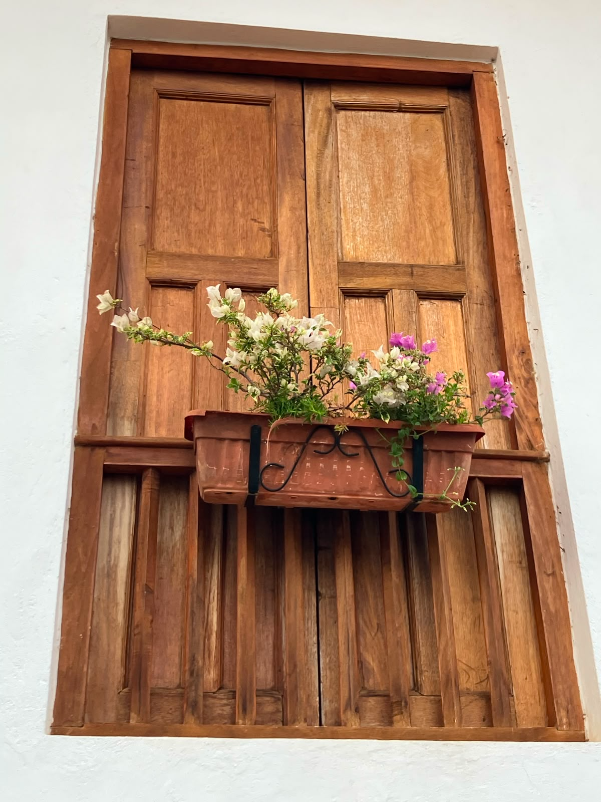 Ventana de madera tradicional de Barichara con maceta de flores blancas y moradas