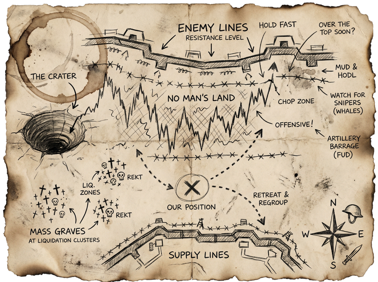 Tactical battlefield map: Enemy Lines, No Man's Land, Our Position, Mass Graves, Supply Lines
