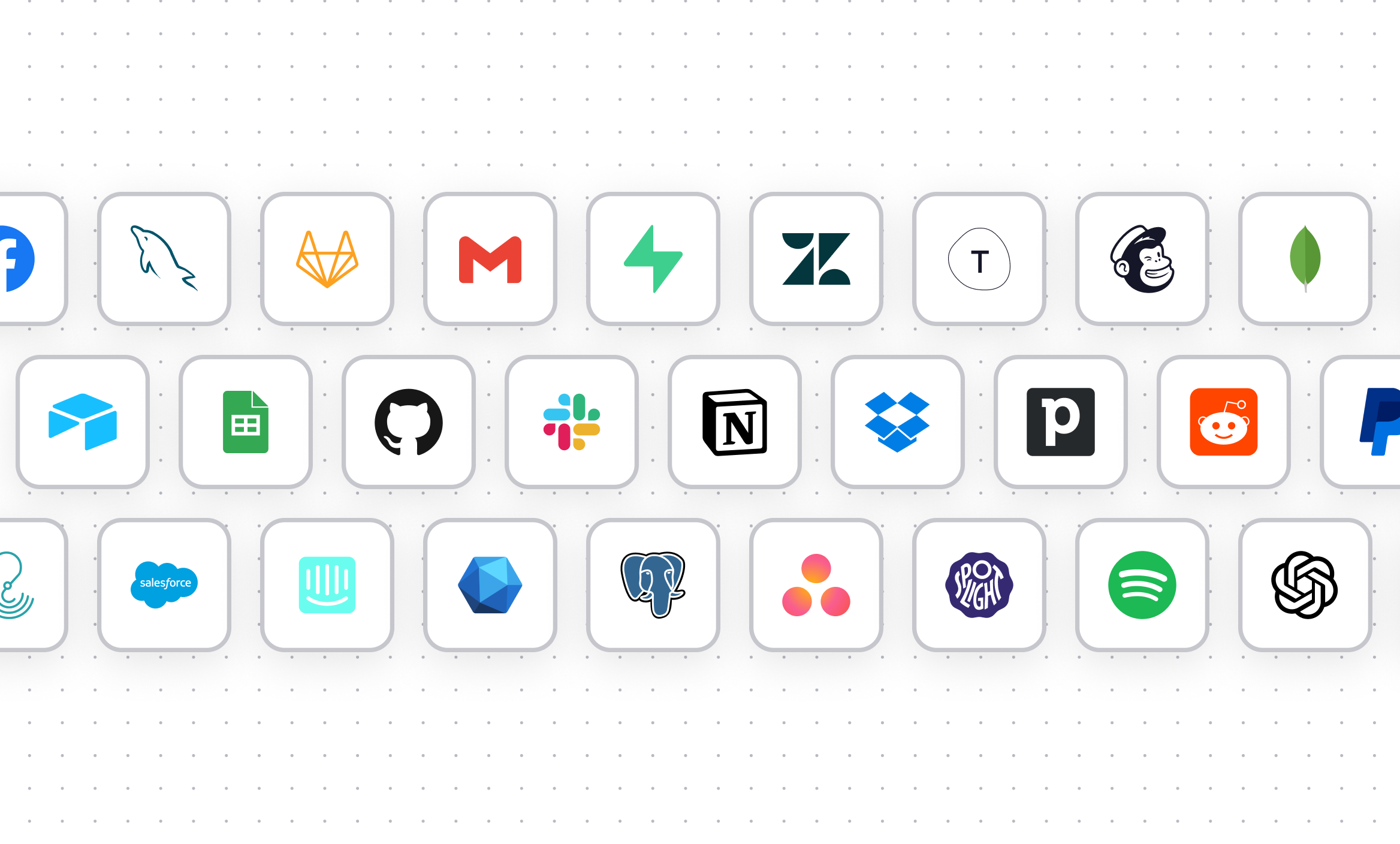 Grid of integration logos including Gmail, GitHub, Slack, Dropbox, and other popular services