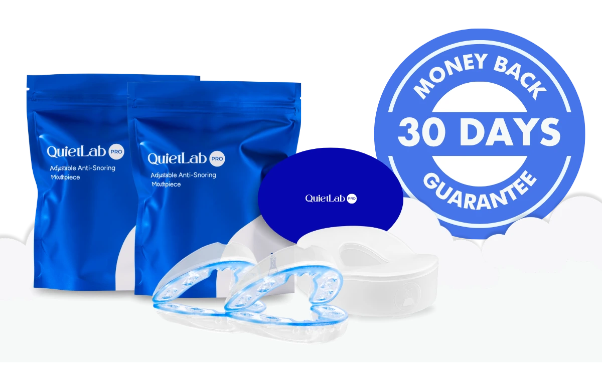 QuietLab Pro bundle with mouthpieces, blue pouches, case, and 30 day guarantee badge