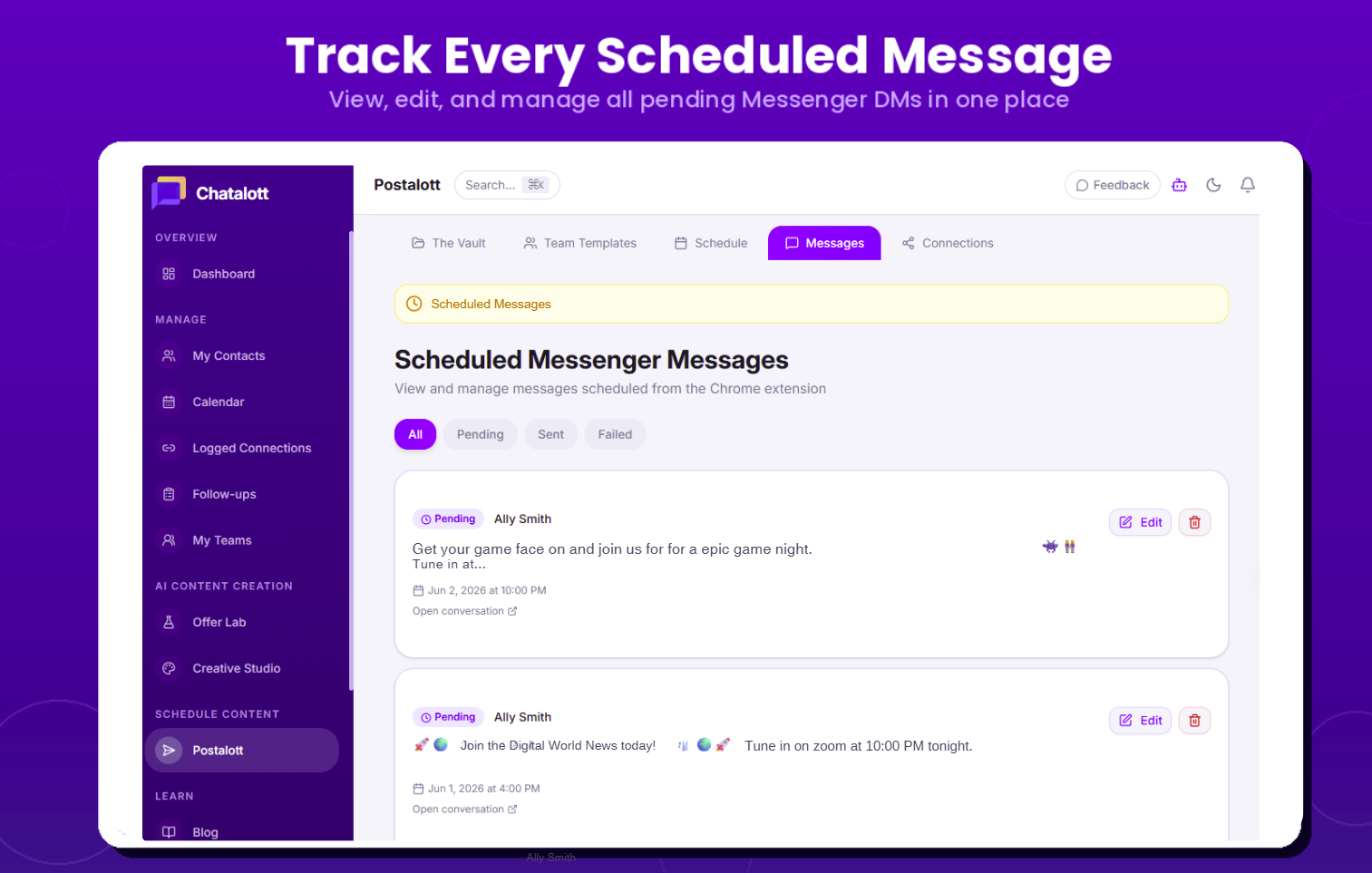 Postalott Messages dashboard showing scheduled messages