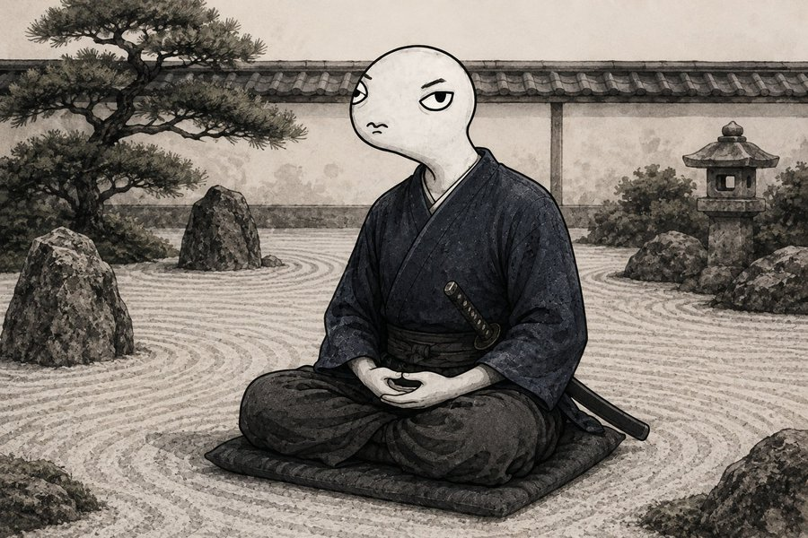 Normie meditating as a zen samurai in a Japanese rock garden
