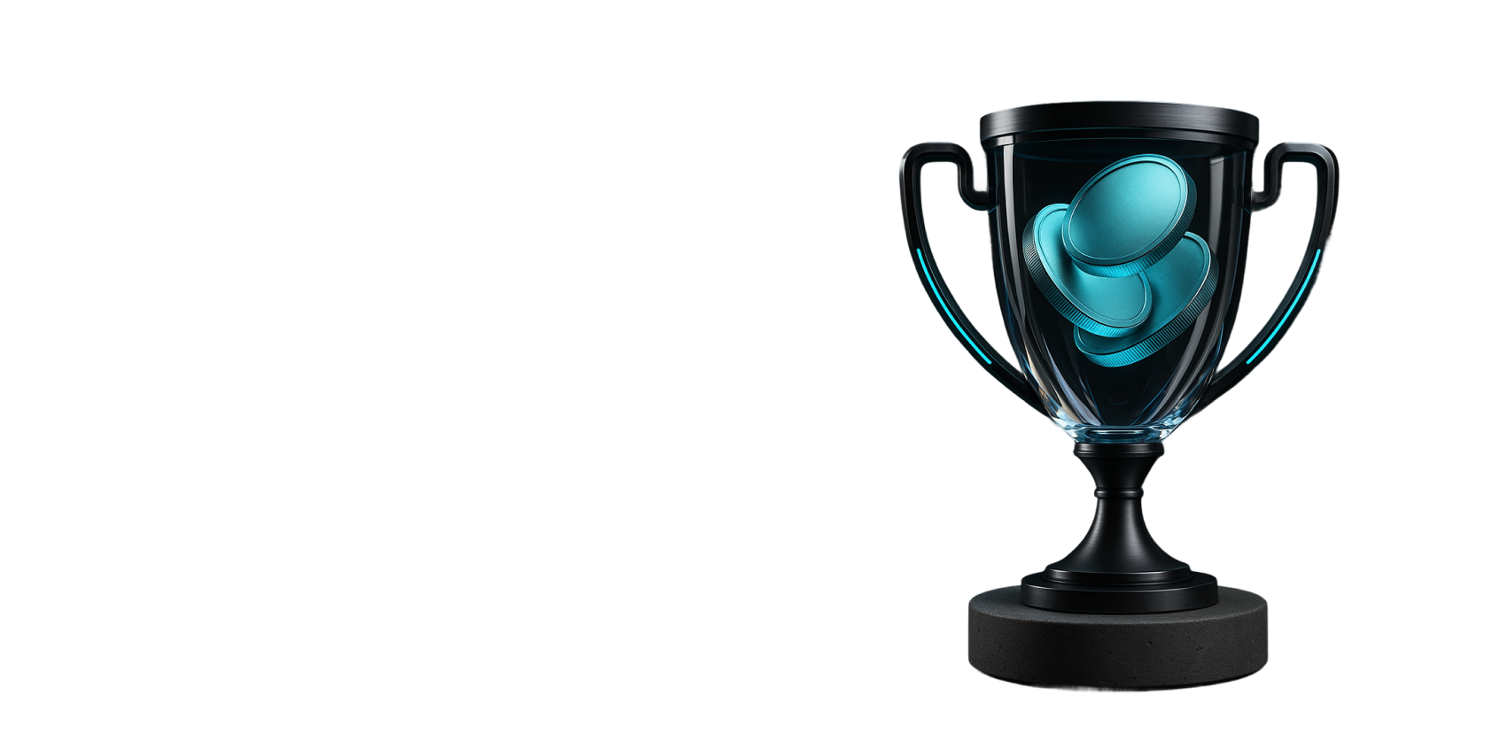 Horizontal case example — dark trophy with teal coins inside on white background