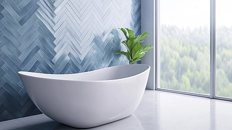 Modern bathroom with elegant blue herringbone tile pattern