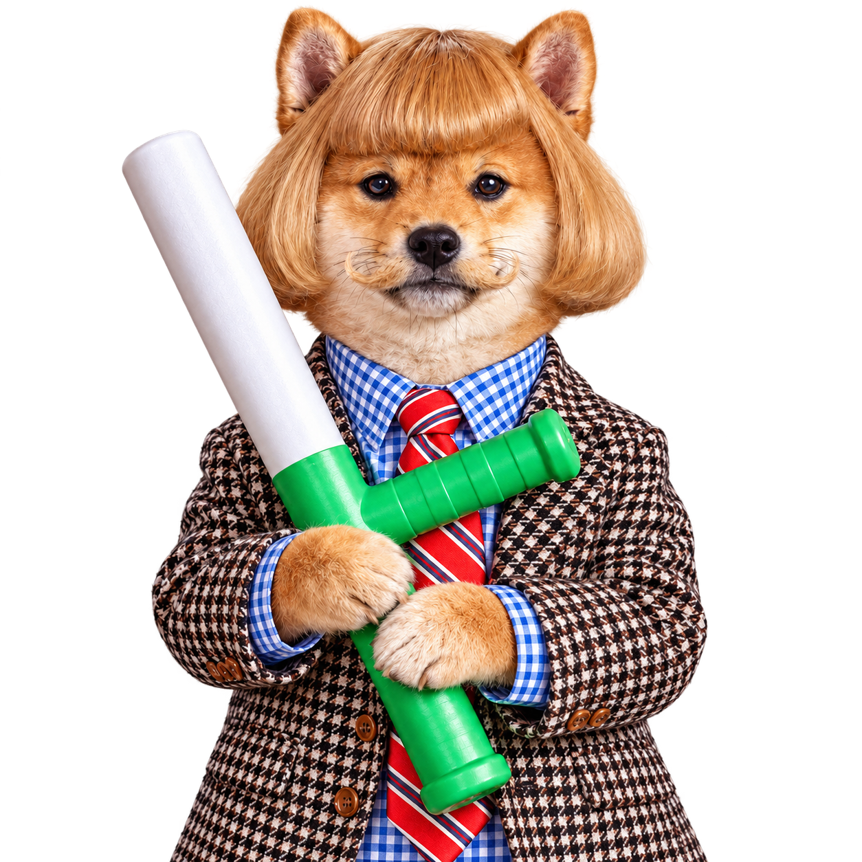 Jeanbaton, a Shiba Inu with a blond bob, a tweed suit and a green-handled baton