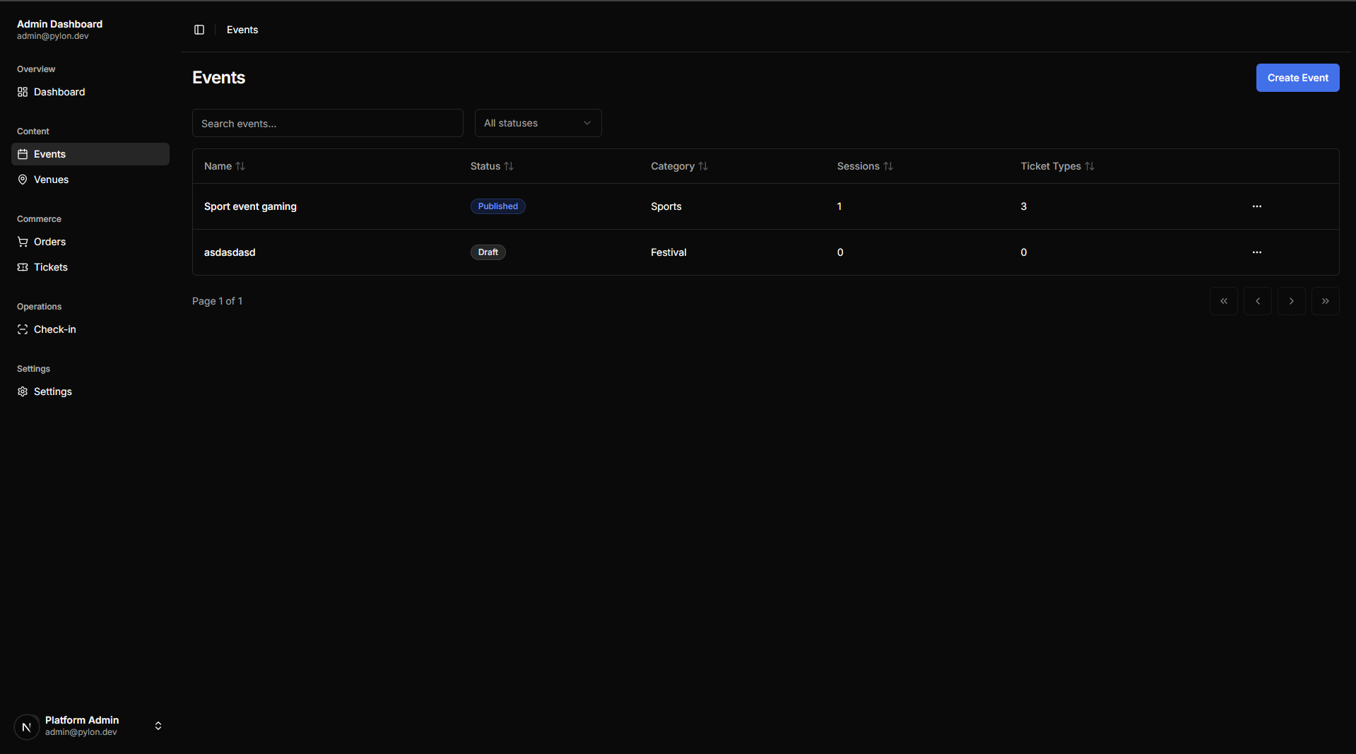 Pylon Events management interface showing event list with statuses