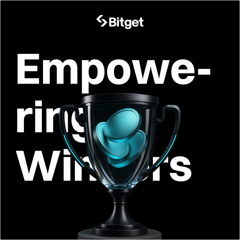 Empowering Winners — Bitget trophy with cyan coins social post