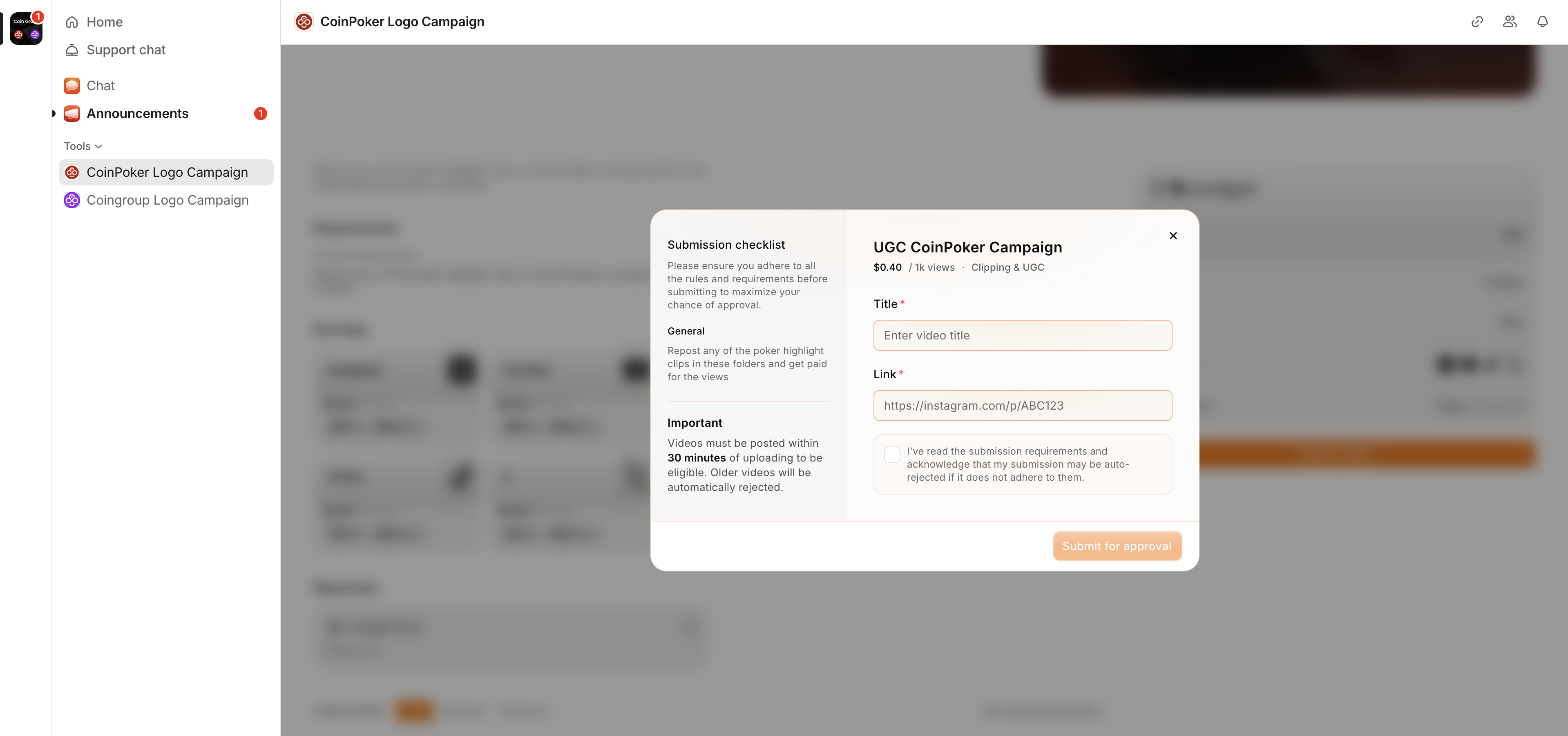 Campaign submission form showing title and link fields