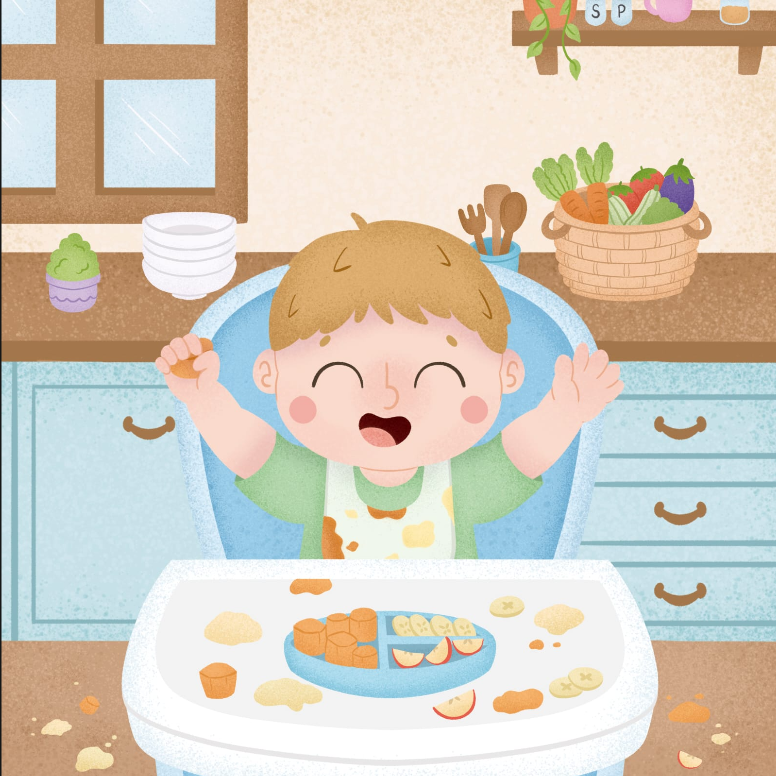 Benjamin sentado à mesa, feliz e explorando diferentes alimentos